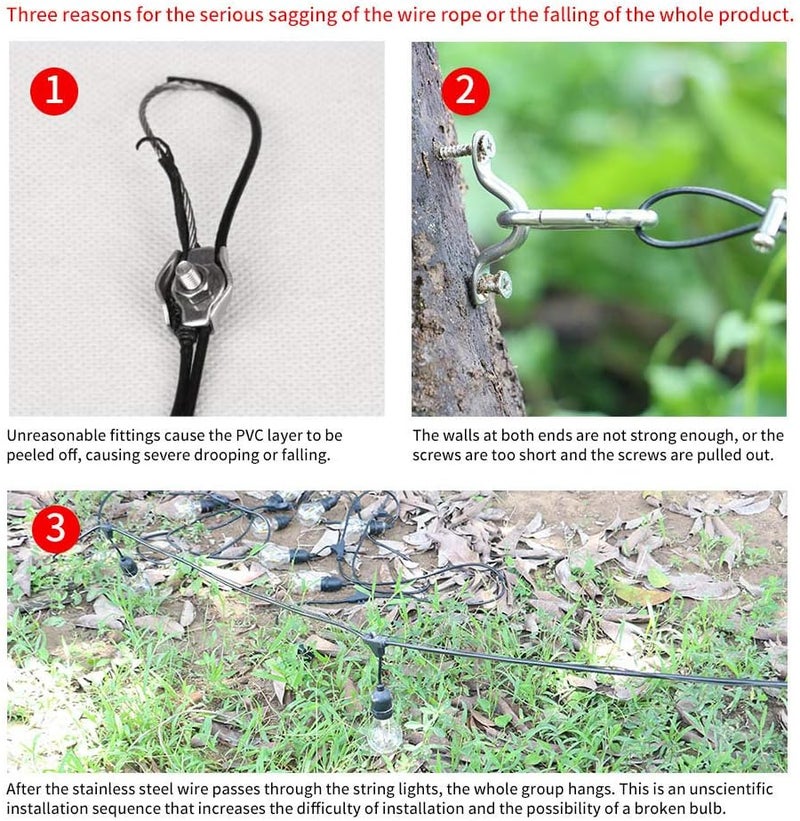 YQL Outdoor String Lights Hanging Kit,Globe String Lights Suspension Kit,164ft Black Vinyl-Coated 304 Stainless Steel Cable,String Light Guide Wire,Hook & Eye Turnbuckle Wire Rope Tension - Image 3